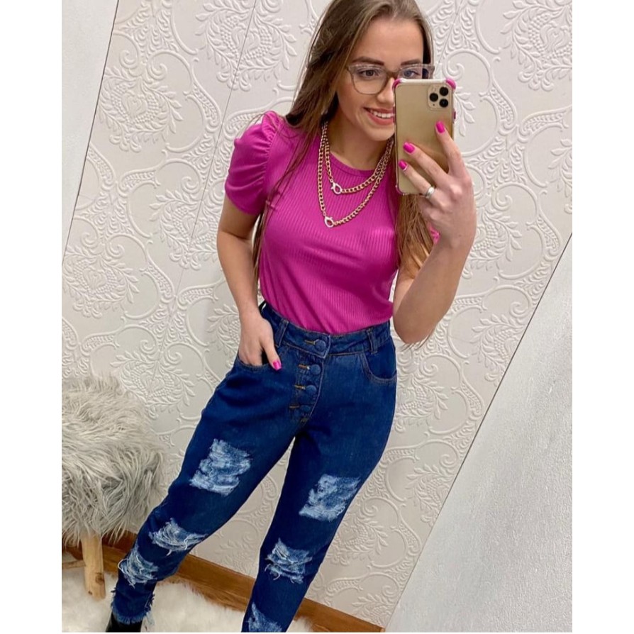 Blusa feminina manga bufante gola rasa malha canelada c/elastano moderna versátil