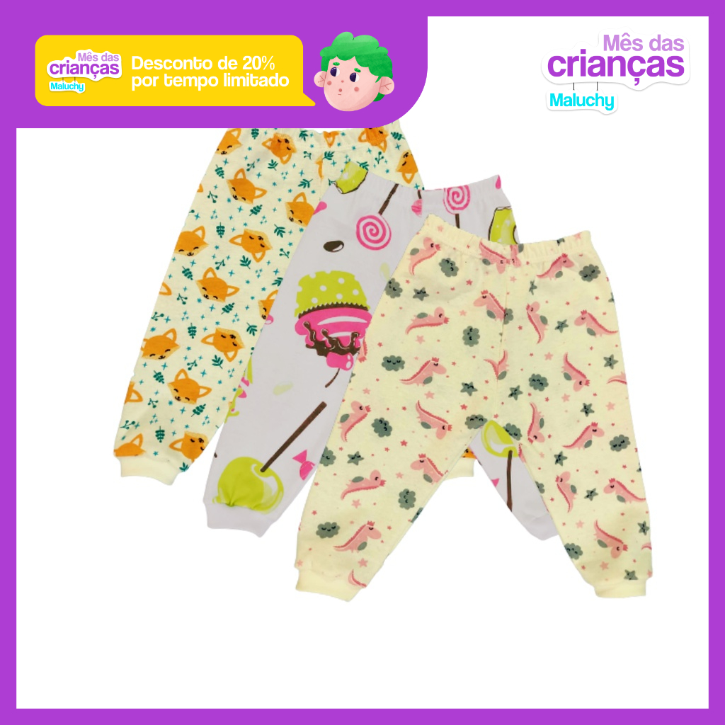 kit com 3 mijão feminino para bebe estampado 100% algodão