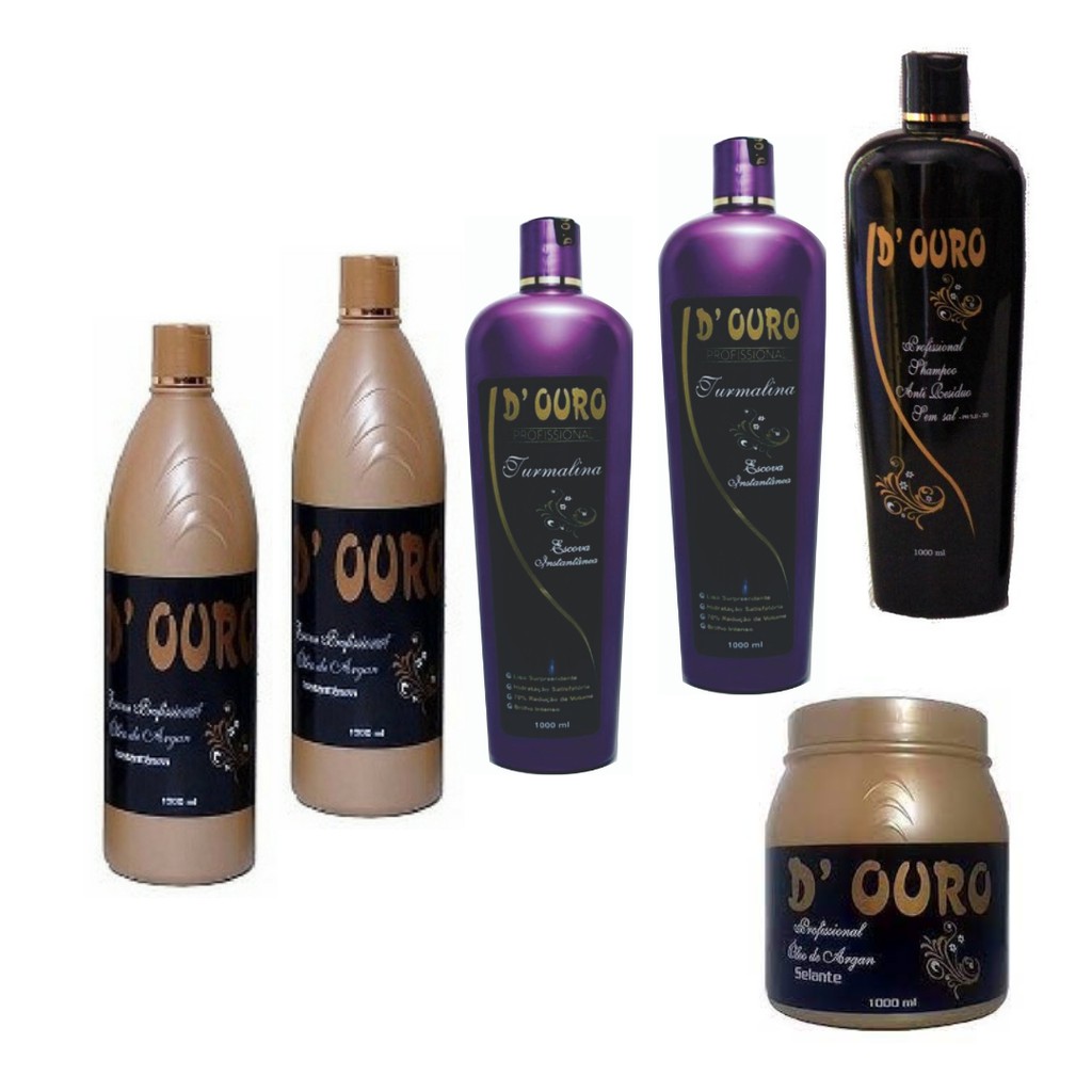 2 escovas turmalina d ouro + 2 progressivas argan d ouro + 1 selante óleo de argan d ouro + 1 shampoo anti resíduos todos profissionais.