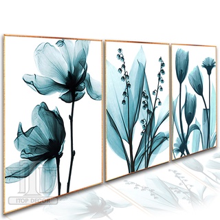 Kit 3 Peças Quadro de Parede Decoração Sala Quarto Flores Azuis Floral Colorido Abstrato Moldura Luxo Mdf Top