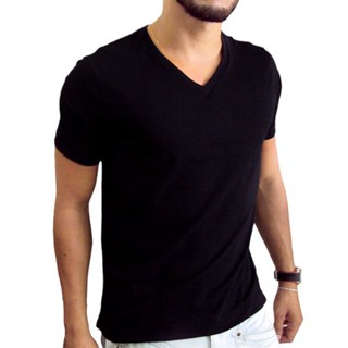 Camiseta masculina gola V 100% algodão fio 30 penteado em Oferta na Shopee