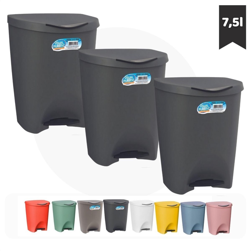conjunto 3 lixeiras com pedal 7 litros várias cores usual - Home & Living