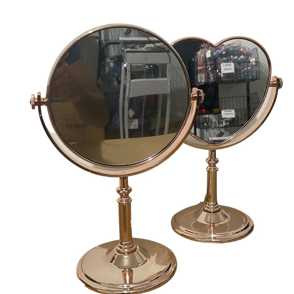 Espelho de Mesa Coração Oval Redondo Dupla Face c/ 1 Lado com Aumento Pedestal
