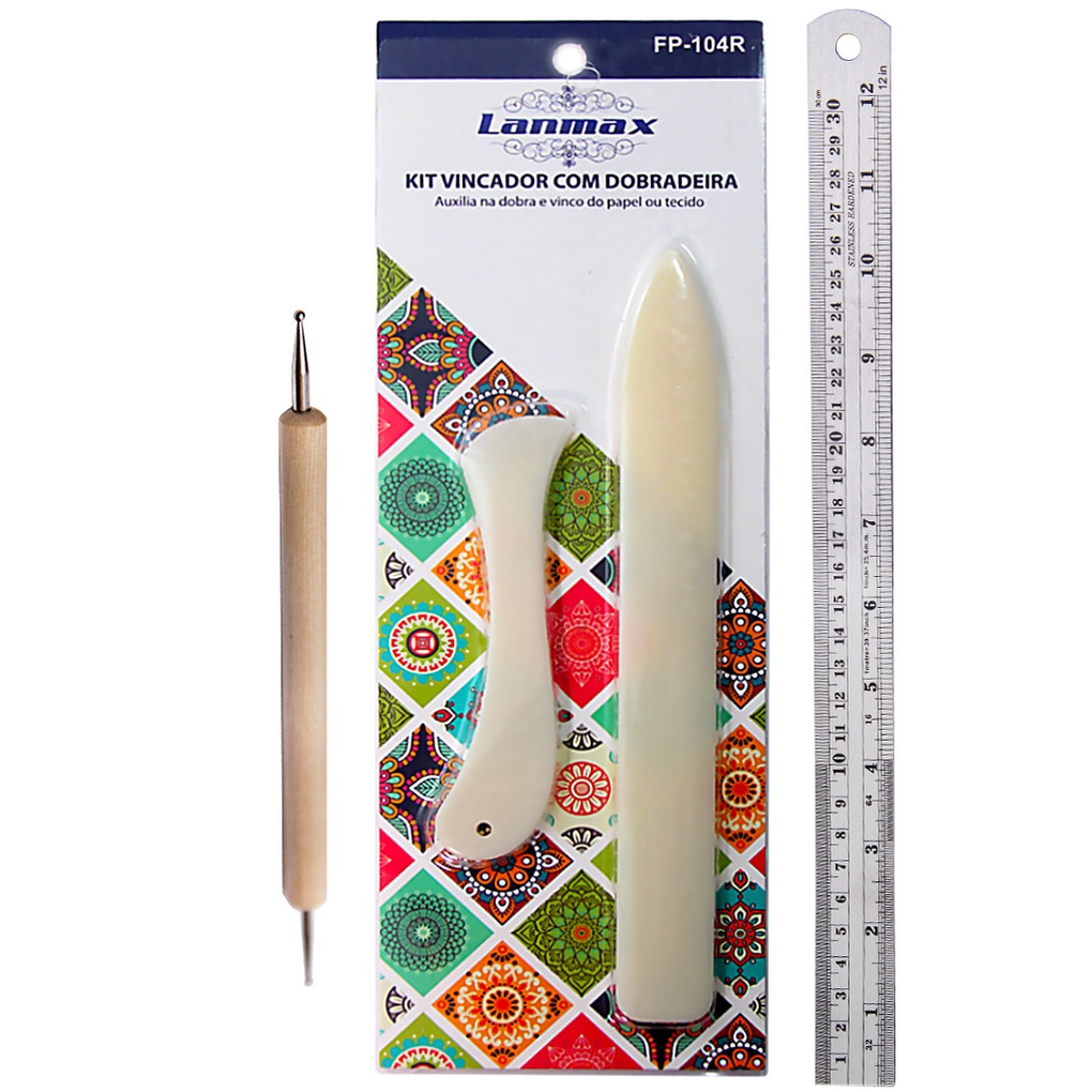 Kit Boleador com Vincador e Dobradeira e Régua Aço 30cm  ferramentas Para Encadernação Scrapbook Artesanato Patchwork