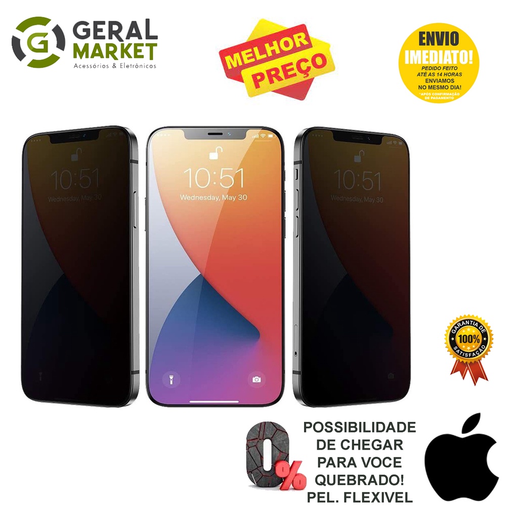 Película Cerâmica 9D Flexível Privativa iPhone Privacidade Anti Espião Anti Spy Todos Modelos