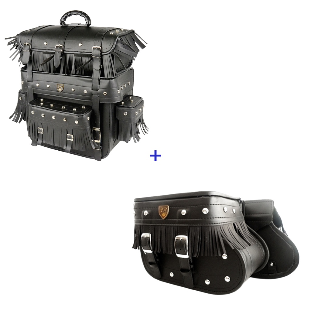 Kit Viagem Alforge Traseiro 60 Litros em Couro Sintético C/ Cravos e Franjas + Alforge Lateral Botinha 18 Litros Couro Sintético C/ Cravos e Franjas