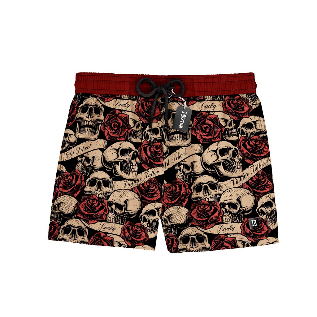 Bermuda Short Praia Tactel Masculino Caveiras Rosas Seca Rapido REF0116.