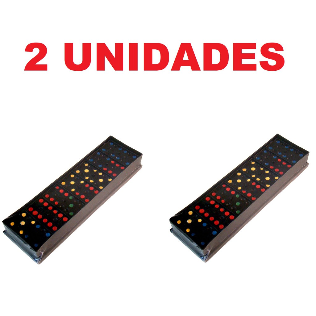 Kit com 2x Jogo Dominó Preto Clássico Plástico Pontos Coloridos Estojo