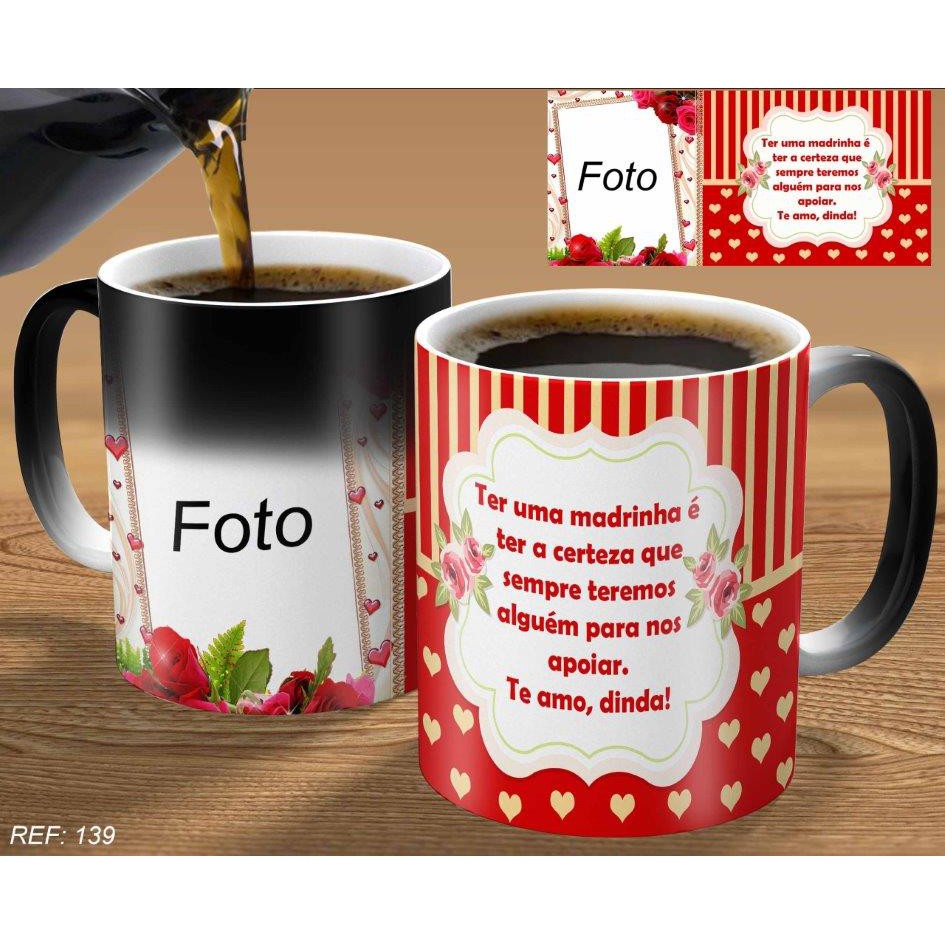 caneca mágica personalizada com foto e dizer madrinha dinda presente para aniversário