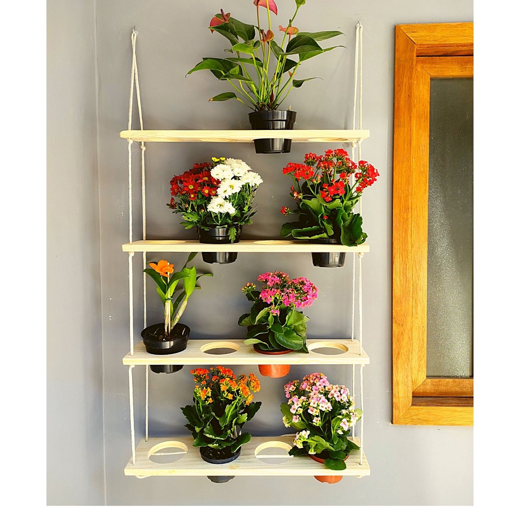 Jardim horta vertical suspensa com 4 prateleiras e 16 vasos