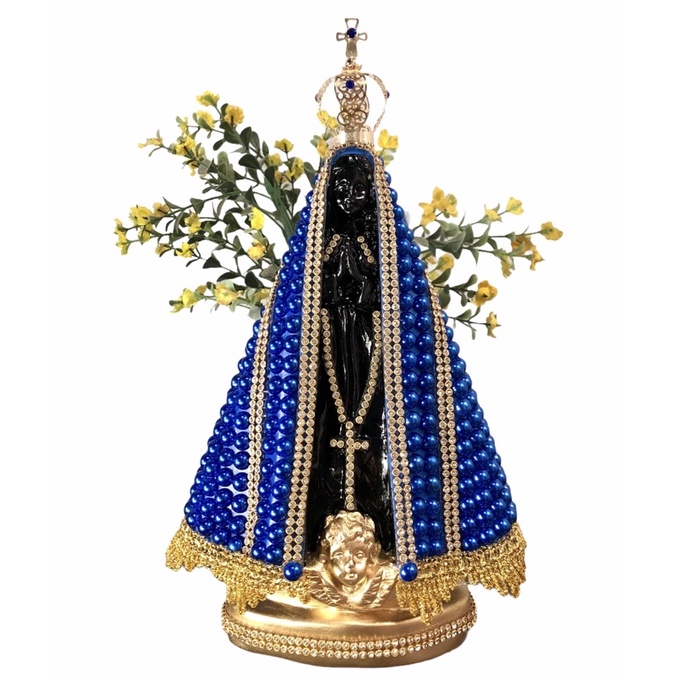 Imagem Nossa Senhora Aparecida 26cm com Coroa Folheada, Pérolas Azuis e Strass Dourado.