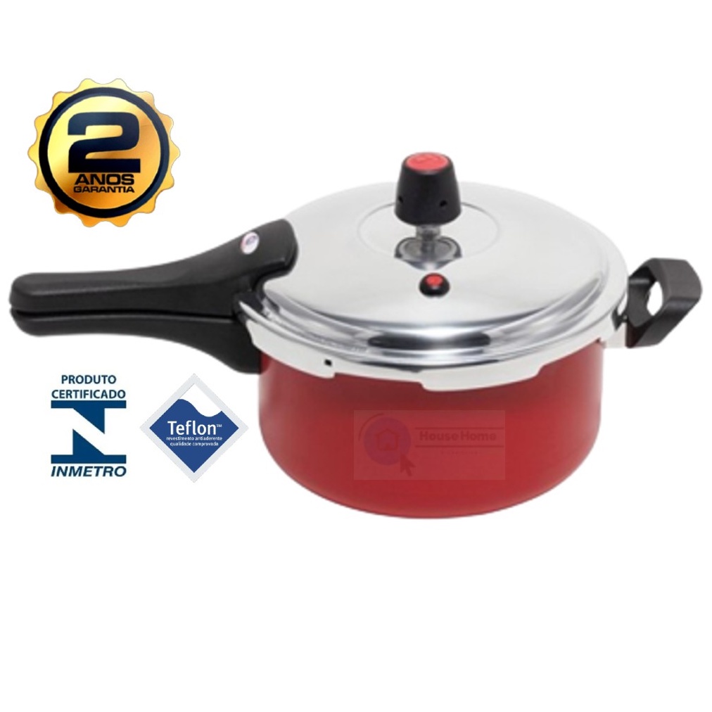 Panela De Pressão 3,0 Litros Fechamento Externo Antiaderente Teflon Vermelho 5 Camadas Teflon Certificado Pelo Inmetro