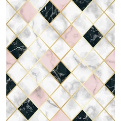 Papel De Parede Azulejo Mármore Branco Rose E Preto 1,50 mts