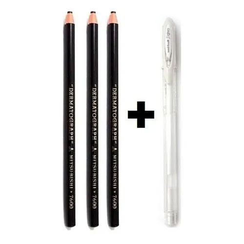 3 Lápis Dermatográfico Mitsubishi Preto+1 Caneta Gel Branca