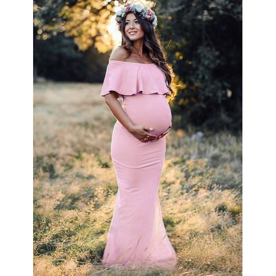 Vestido Gestante Para Fotos Com Babado G04 em Oferta na Shopee