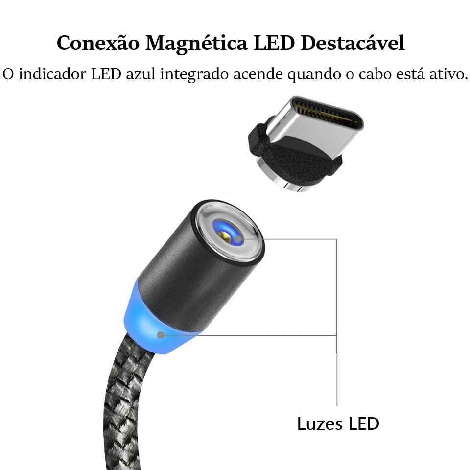 Cabo Carregador Magnético  3 Em 1 PARA  iPhone, Android V8 e Tipo C