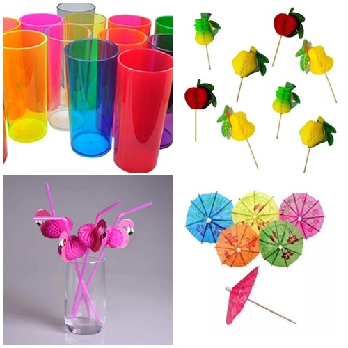 Kit Festa com 50 Itens sendo 10 Copos De Acrilico 12 Palitos de Guarda Chuva 13 Palitos de Frutas e 15 Canudos Drink