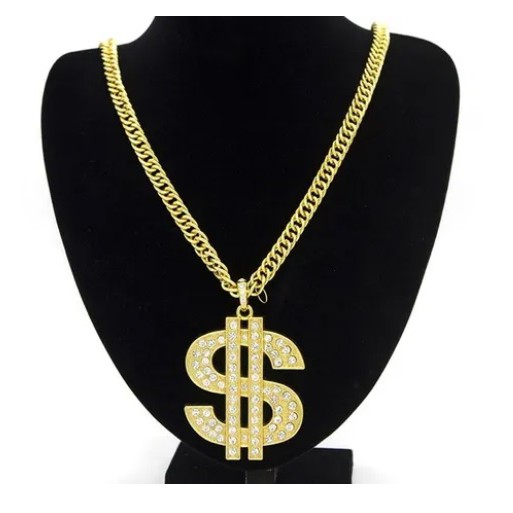 Funk Ostentação Corrente Banho Ouro Cordão Pingente Cifrão Dólar $ Com Pedras Strass Hip Hop Dj Mc