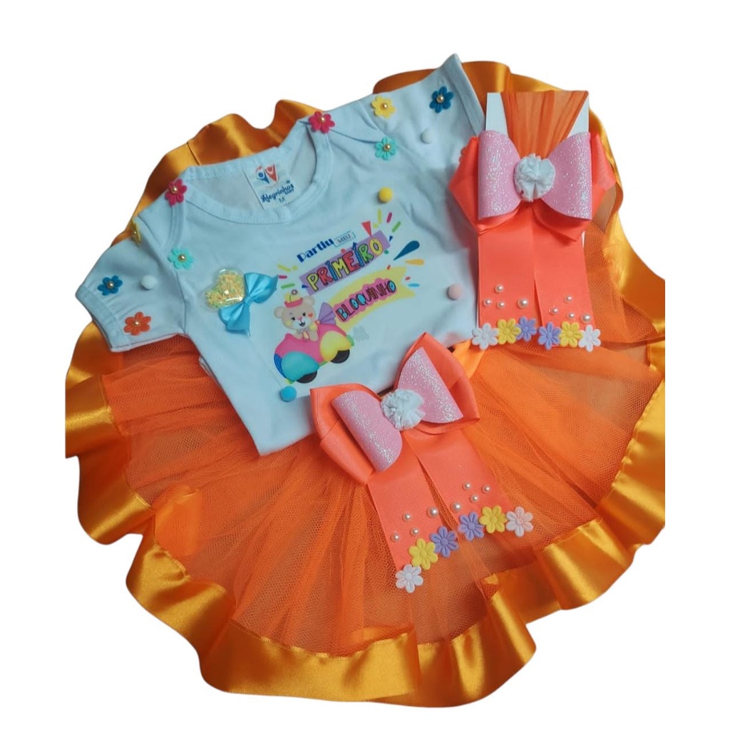 Kit Conjunto Infantil Festa Carnaval Bebê Menina Roupa Mesversário C/ Body + Saia + Laço Fantasia