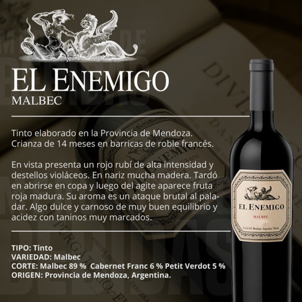 6 Vinho Fino Seco Argentino El Enemigo Malbec 750ml | Shopee Brasil