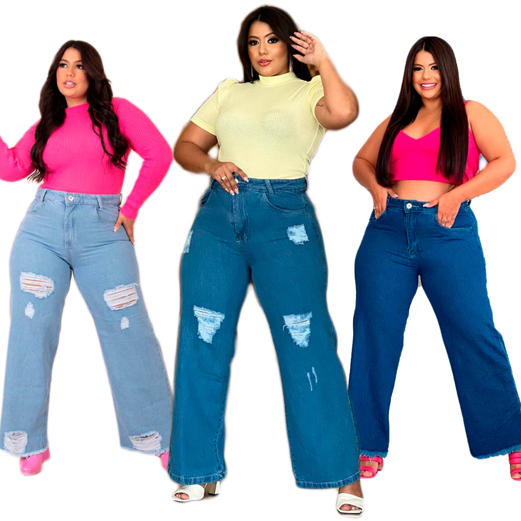 Kit 3 Calça Jeans Plus Size Wide Leg Pantalona Cintura Alta