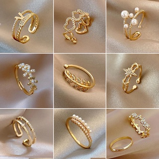 Banhado A Ouro De Aço Inoxidável Ajustável Diamante Pérola De Cristal Mulheres Moda Jóias Acessórios Anéis