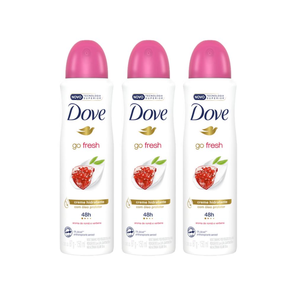 Kit com 3 Desodorantes Antitranspirantes Aerosol Dove Go Fresh Romã e Verbena 150ml em Oferta na Shopee
