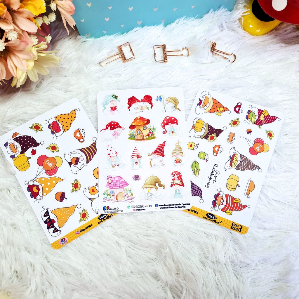 Gnomos - Cartela de adesivos em vinil para bujo, caderno, planner, agenda, álbum, decoração