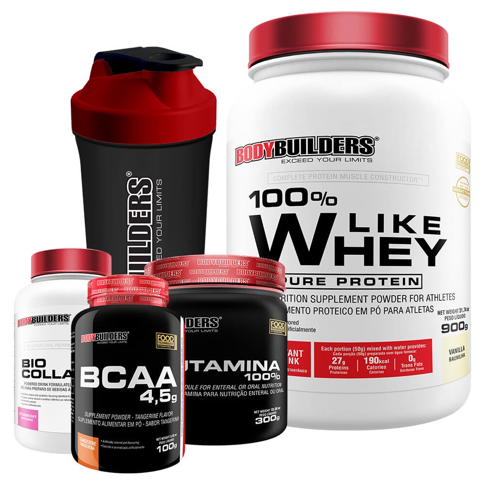 Kit Like Whey 900g, BCAA 100g+ Colageno 200g, Glutamina 300g, Coqueteleira - Bodybuilders
