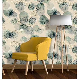 Papel de Parede Folhas Bege e Verde Aquarela Autocolante - SKU-1581