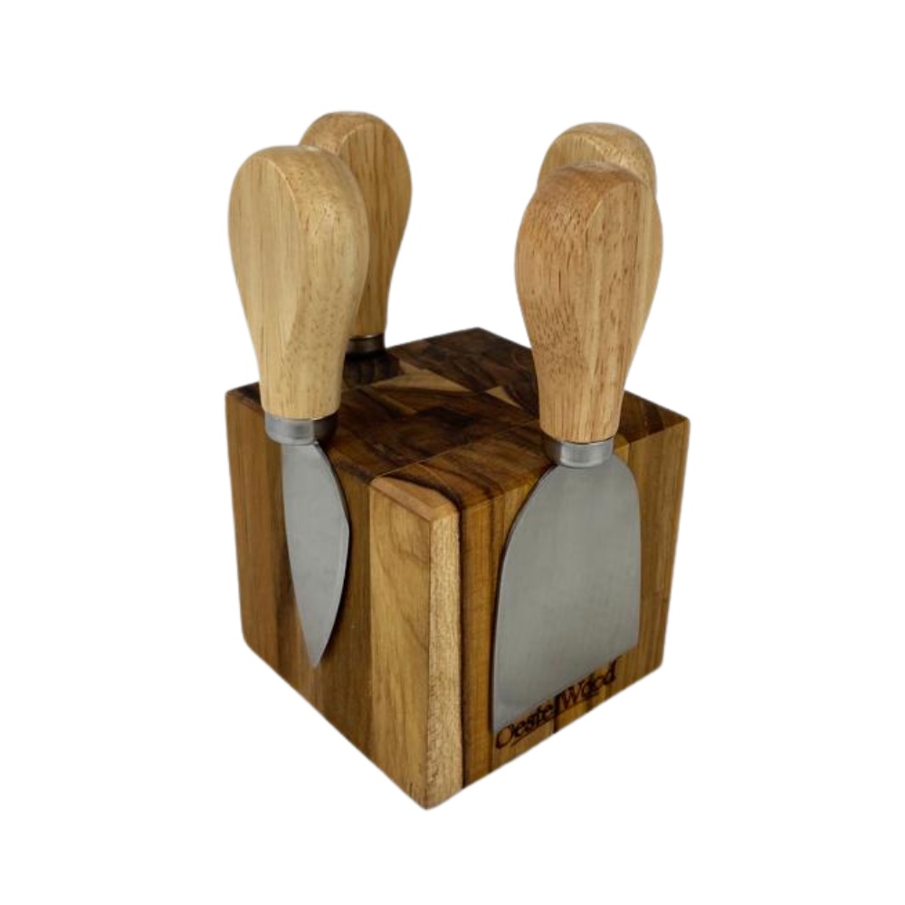 Jogo de Utensílios Para Queijo Suporte Cepo Cubo Oeste Wood Original Madeira Rústico 4 Peças