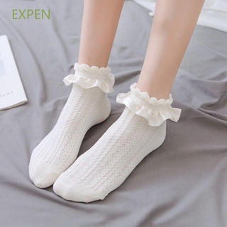 EXPEN Meias Finas De Algodão Cor Lisa Com Babados/Lolitas Torção/Coração/Kawaii