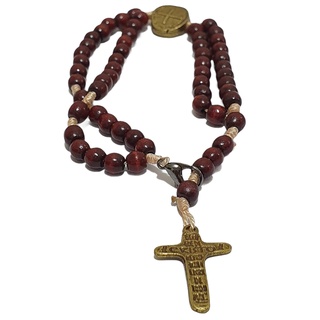 Terço De Pulso Medalha Das Duas Cruzes Unissex Pulseira Religiosa De Madeira Ajustável