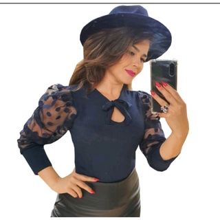 Blusas Femininas Moda Evangelica Social Lacinho Manga Comprida Tule Super Elegante