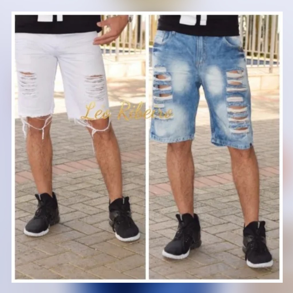 Kit 2 Bermudas Jeans Masculinas Rasgadas Branca E Azul Clara Bermudas Jeans Destroyed Tamanhos 36 Ao 48