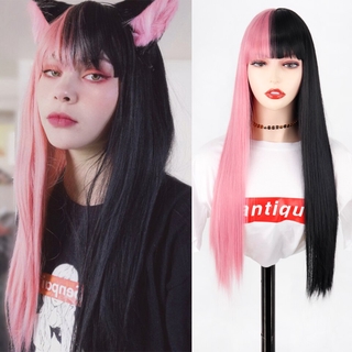 Peruca Rosa e Preta Cabelo Liso Comprido Peruca Cosplay Dois Tons Ombre Cor Mulheres Perucas de Cabelo Sintético