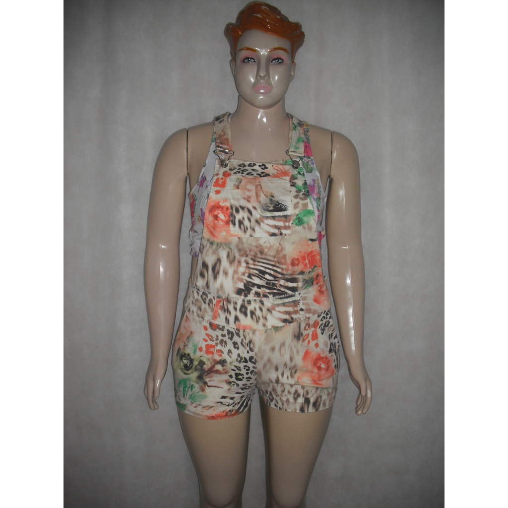 JARDINEIRA ESTAMPADA COLORIDA GABY PINK TAM G ALGODÃO POLIESTER ELASTANO MACAQUINHO USADO BOM ESTADO