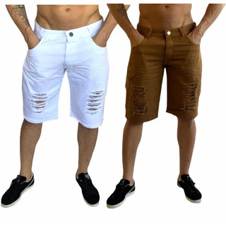 bermuda jeans masculina branca e marrom rasgada kit com 2