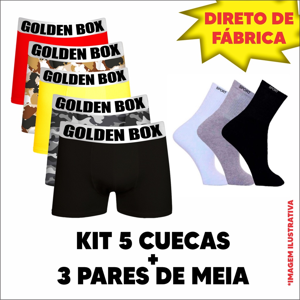 Kit 5 Cuecas +3 Pares De Meias Masculina Boxer Microfibra Adulto Elástico Golden Box  Personalizado