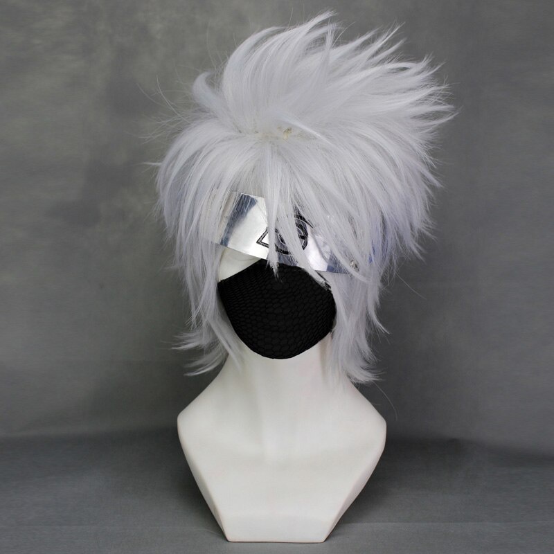 Cabeleira De Alta Qualidade Kakashi Silver White Short Shaggy Layered Cosplay Anime Peruca Apenas + Tampa De Grátis