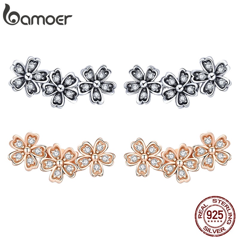 BAMOER 925 Sterling Silver Daisy Flower Clear CZ Stud Earrings for Women Sterling Silver Jewelry Valentine's Day Gift SCE419