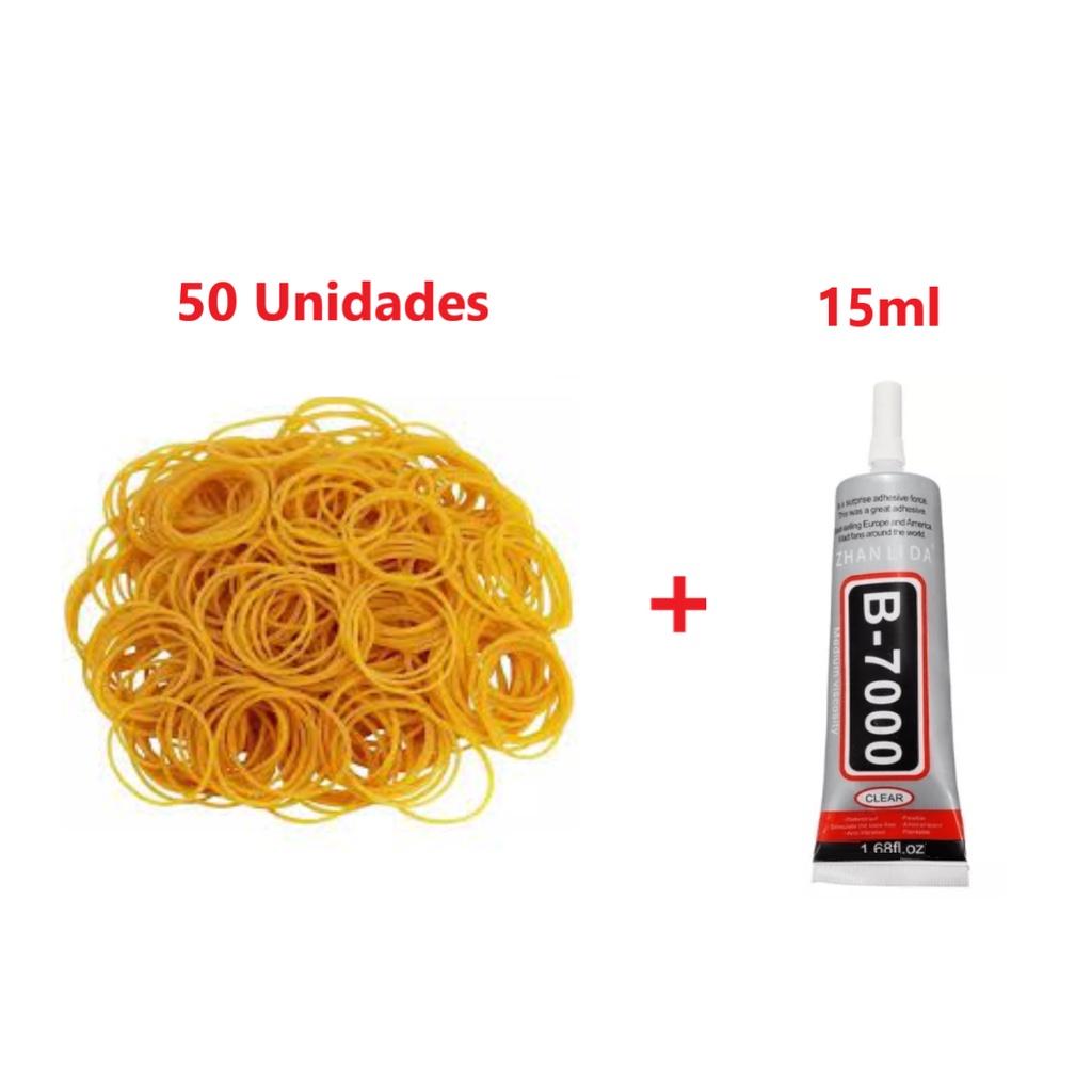 50 Elásticos Gominhas Ligas Silicone para Colagem Fixação de Tela Celular Tablet + Cola B7000 Transparente 15 ml Zhanlida
