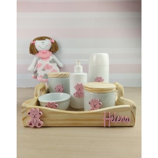 Kit Higiene Bebê Porcelana Temas Rosa Nome Personalizado bandeja coração garrafa branca em Oferta na Shopee