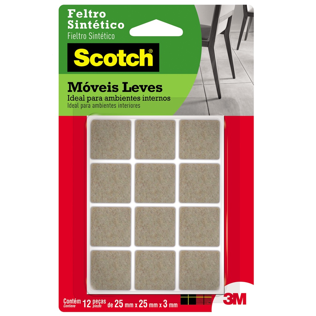 Protetor de Piso para Móveis 3M Scotch Quadrado Pequeno 12 Peças Marrom Não Risca Feltro Sintético