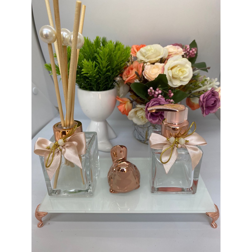 Kit Lavabo Luxo Banheiro Saboneteira Difusor+bandeija passarinho rose gold Luxo para sua casa