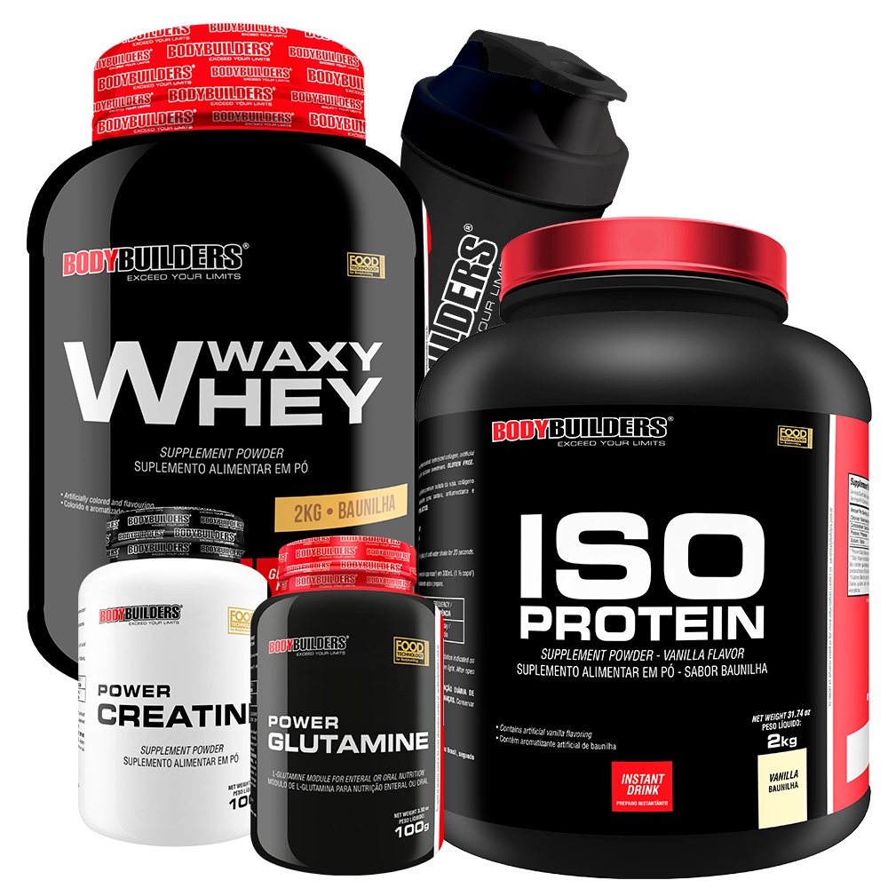 Kit Whey Protein Waxy Whey Pote 2kg + Suplemento de Proteína Isolada Iso Protein 2kg + Power Creatina 100g + Power Glutamina 100g + Coqueteleira - Kit Para Ganho Muscular e Desempenho do Exercício - Bodybuilders