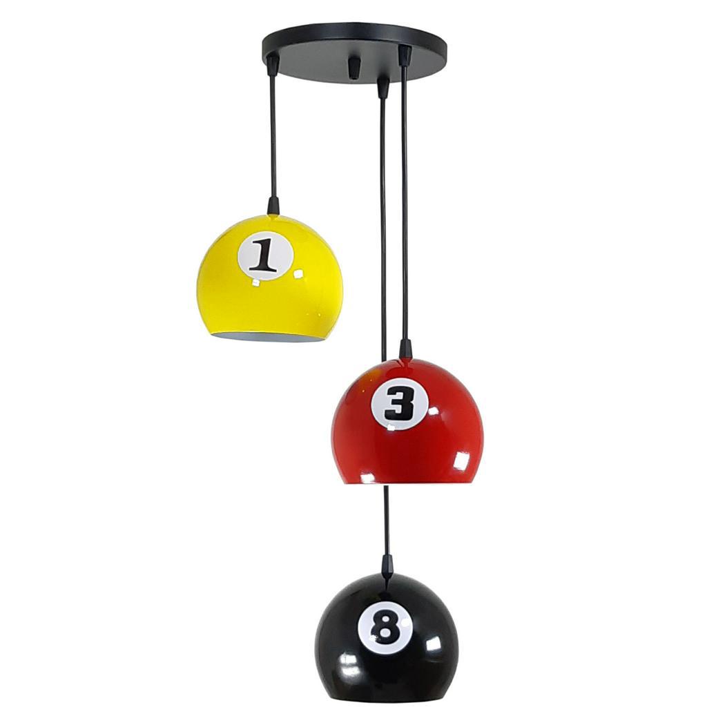 Luminaria Pendente Bola Tripla Snooker Pequena Coloridas Mesa Bilhar e Sinuca Bares Barbearias Area Gourmet Varandas Balcão Studio Sala de Estar e Jantar Cozinhas Vintage Vermelha Amarela e Preto