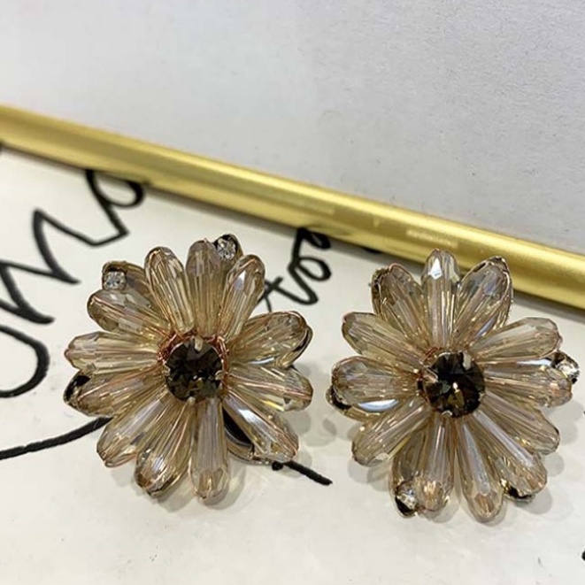 Brincos De Sentido De design De Temperamento De Alta Qualidade Champanhe Cinza Flor De Cristal 925 Agulha De Prata Antia