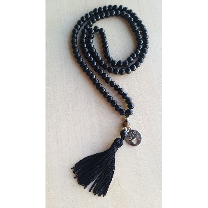 Imagem Japamala 108contas de madeira e meru de pedra natural olho de tigre e medalha hoponopono