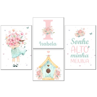 Composição 4 Quadros Quarto Infantil, Jardim das Borboletas, Floral, jardim Encantado.